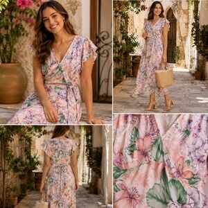 M&S Collection Floral V-Neck Flutter Sleeve Midi Dress Blush Pink UK 10 US 6